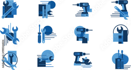 Mechanical tools and repair icon collection with drills, wrenches and equipment, modern flat vector set for maintenance, construction, engineering and technical service design