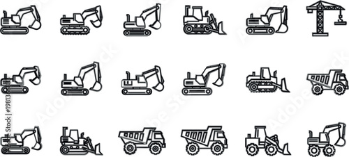 Construction machinery icon collection with excavators, loaders and dump trucks, clean line vector set for building, engineering, heavy equipment and industrial design