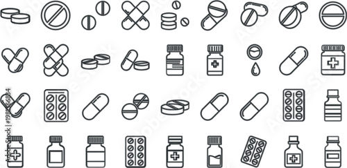 Medicine and pharmaceutical icon collection with pills, capsules and bottles, clean line vector set for healthcare, pharmacy, treatment and medical design use
