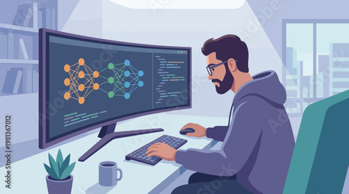 Software Developer Working on Neural Network and AI Illustration
