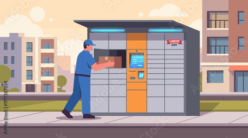 Courier Loading Cardboard Box into Smart Delivery Locker in City