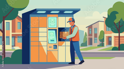 Courier Delivering Package to Automated Parcel Locker