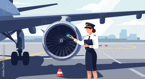 Female pilot inspecting jet engine on airplane at airport