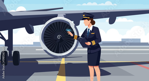 Female Pilot Inspecting Jet Engine on Airport Runway Vector Illustration