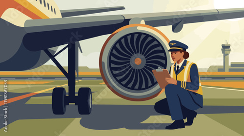 Female Pilot Inspecting Airplane Engine on Runway Illustration