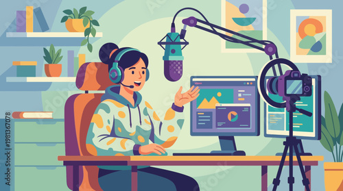 Female Content Creator Recording Podcast in Home Studio Illustration