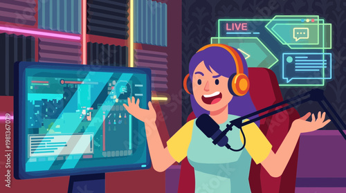 Female Streamer Broadcasting Video Game Live with Studio Equipment