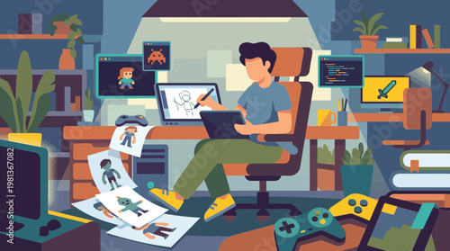 Video Game Designer Creating Character Sprites in Creative Workspace