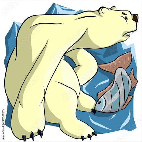 The bear caught a fish. The fish is delicious, but he needs to make sure there is no one nearby.