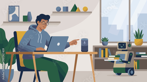 Man Working with AI Assistant and Robot in Modern Home Office