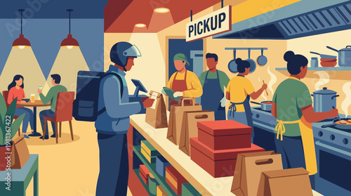 Food Delivery Courier and Busy Restaurant Kitchen Illustration