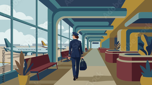 Female airline pilot walking in modern airport terminal illustration