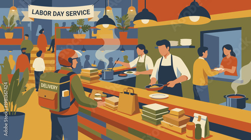 Restaurant Kitchen Labor Day Service Illustration with Delivery Worker