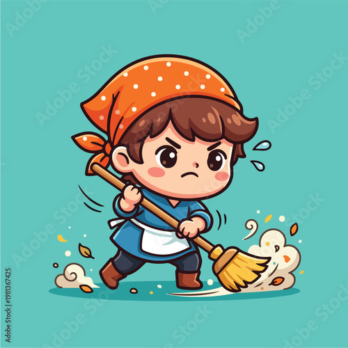Cartoon child with broom.