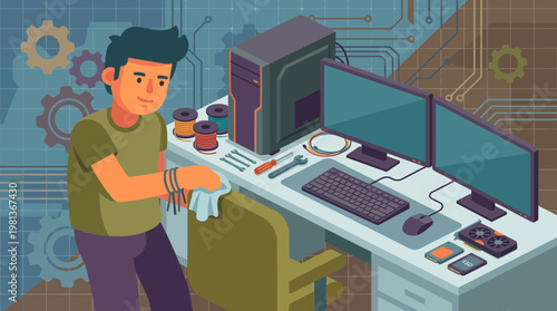 Man Assembling and Cleaning Desktop Computer in Home Workspace