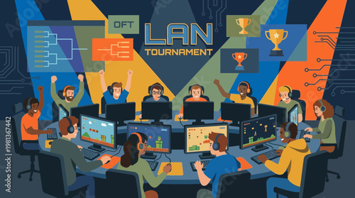 Esports LAN Tournament with Gamers Flat Vector Illustration