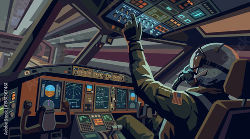 Futuristic Pilot in Aircraft Cockpit Digital Illustration