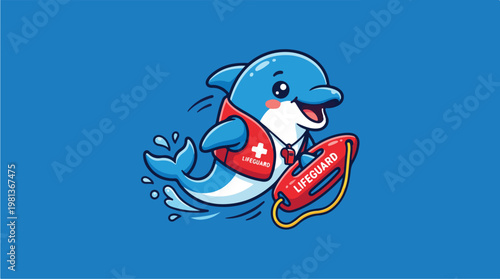 Cartoon Dolphin Wearing Life Vest.