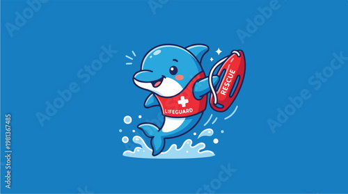 Cartoon Dolphin Wearing Lifebuoy.