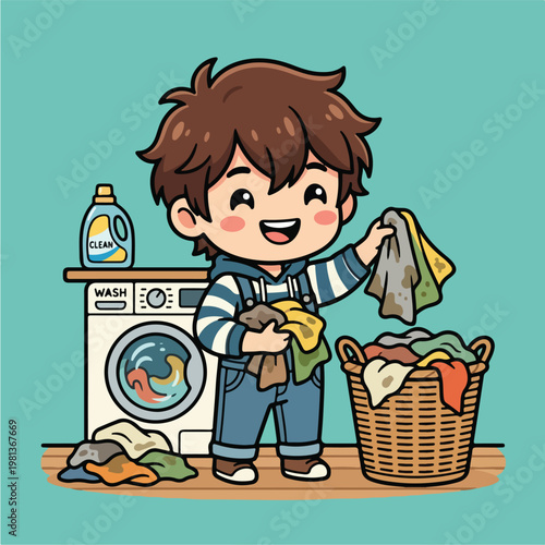 Boy doing laundry with washing machine.
