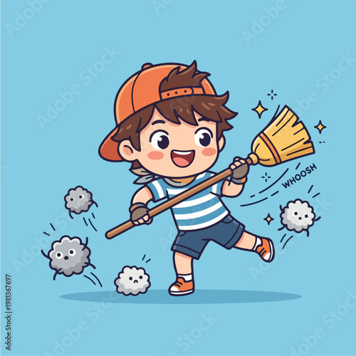 Boy Holding Broom and Cleaning.