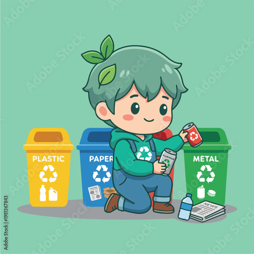 Boy Recycling Plastic Bottle.