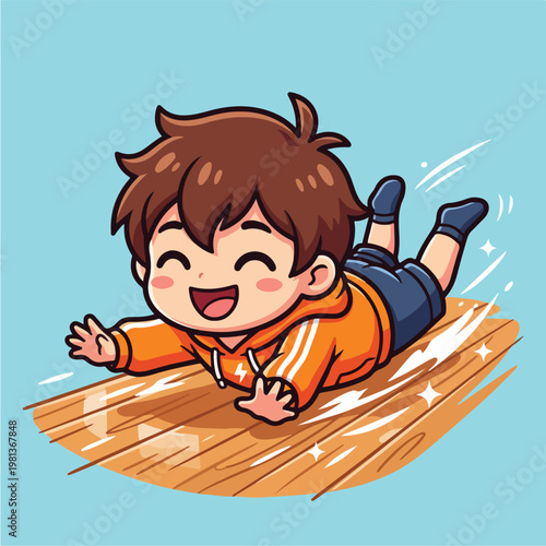 Boy Riding Wooden Board Fast.
