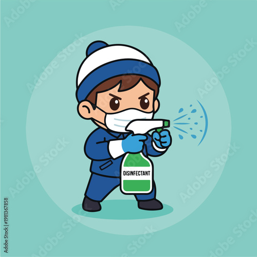 Boy spraying disinfectant outdoors.