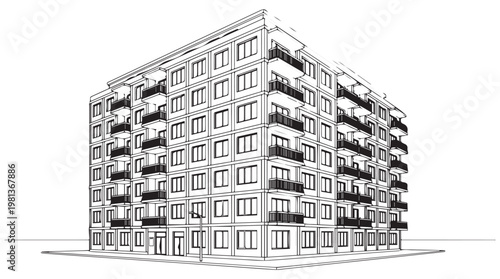 line art illustration of modern apartment building facade with balconies and windows in minimalist style