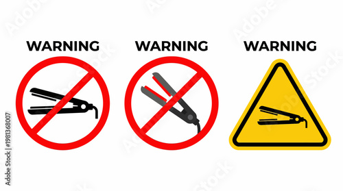 Cautionary Symbols Warning Icons for Hair Straighteners, Illustrating Prohibition and Danger