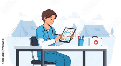 Healthcare professional examining data on a tablet, with medical equipment and tents in the background