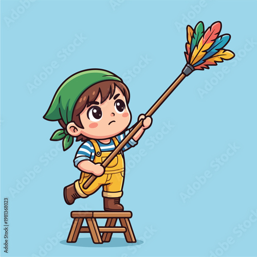 Boy with colorful feather duster.