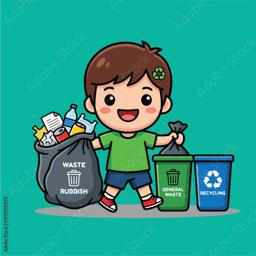 Boy with trash bags waste.