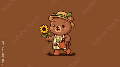 Brown bear in hat holding flower.