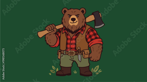 Brown bear in plaid shirt.