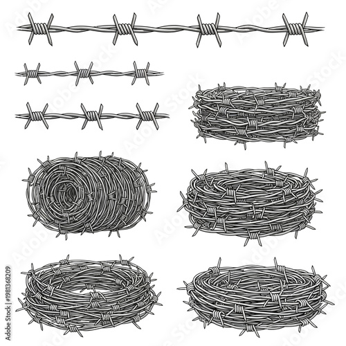 Spools of barbed wire fence material in a detailed illustration