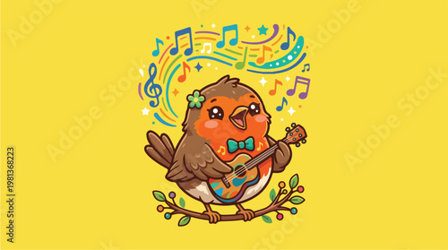 Cartoon Bird Playing Guitar.