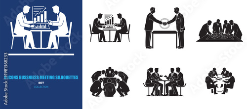 Business meeting silhouettes set of 6 icons, professional corporate teamwork and partnership symbols, office collaboration and negotiation vector graphics