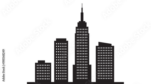 Minimalist black and white city skyline illustration with iconic skyscraper at dusk