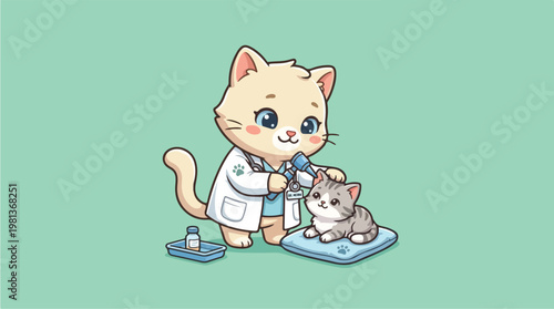 Cartoon Cat Veterinarian Examining Kitten.