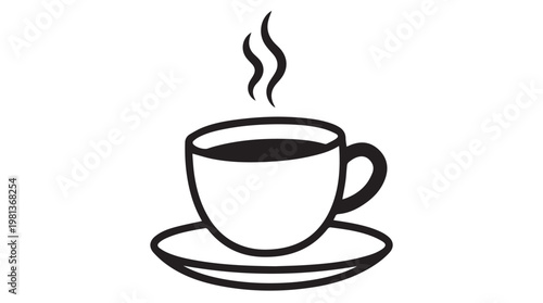 Minimalist black coffee cup with steam isolated on tansparent background, hot beverage concept