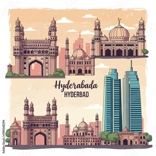 Illustrated skyline of Hyderabad featuring iconic cultural landmarks and modern architecture