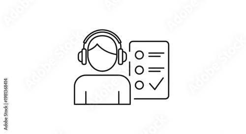 A simple line drawing depicts a person wearing headphones with a checklist nearby