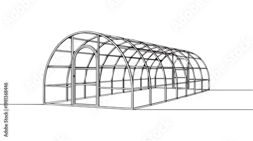 Black and white line drawing of modern arched greenhouse with metal frame and glass panels