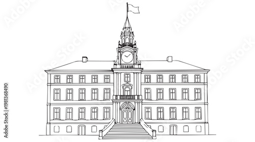 vintage town hall clock tower line drawing architectural illustration isolated tansparent background