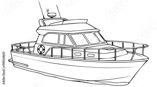 Black and white line drawing of a modern cabin cruiser boat on calm water illustration