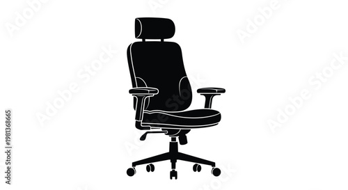 A minimalist black silhouette of a modern office chair with a high back and armrests