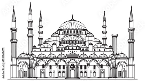 Detailed black and white line drawing of historic Ottoman mosque architecture with domes and minarets