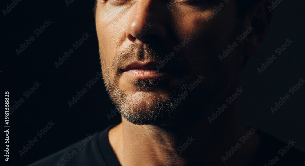 Fototapeta premium A close-up portrait of a man with a contemplative expression in a dark setting