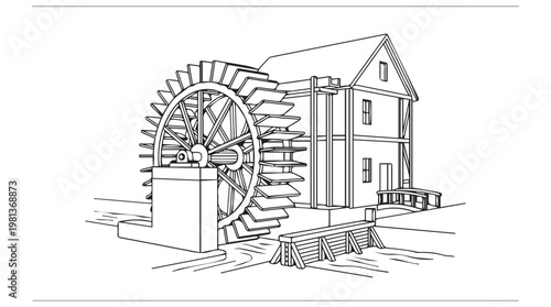Vintage waterwheel and mill house line drawing for historical or educational design